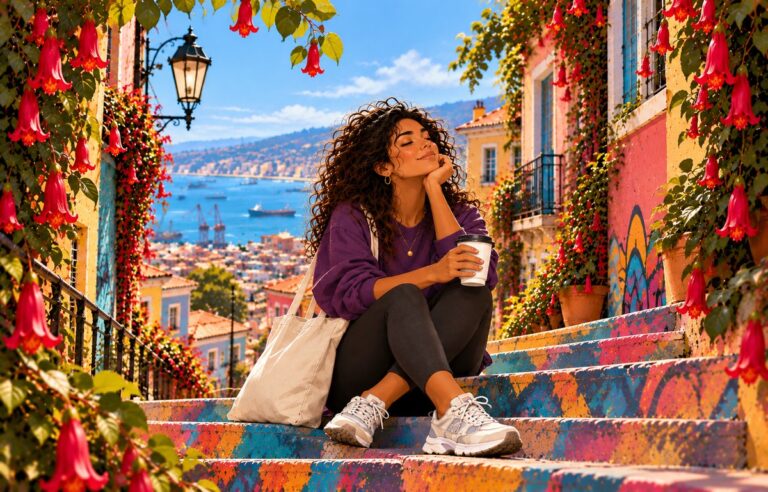 Femme aux cheveux bouclés assise seule sur des escaliers colorés avec un café, souriante, ville en bord de mer en arrière-plan