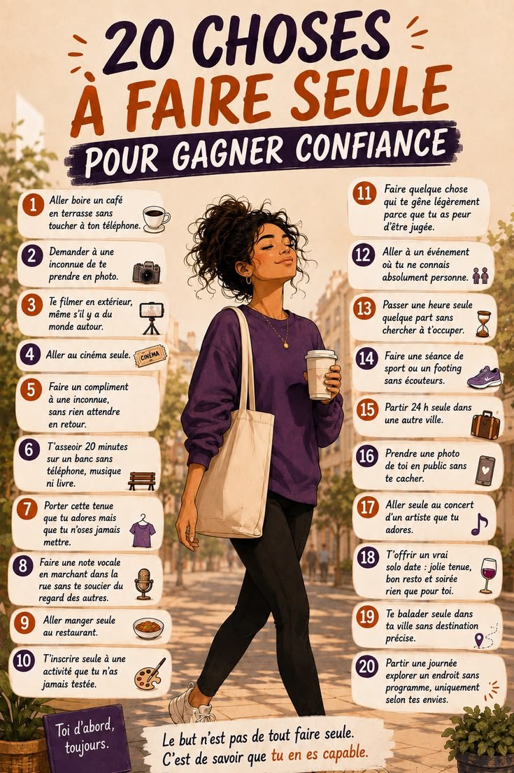 20 choses à faire seule pour gagner confiance en soi : liste illustrée à épingler sur Pinterest