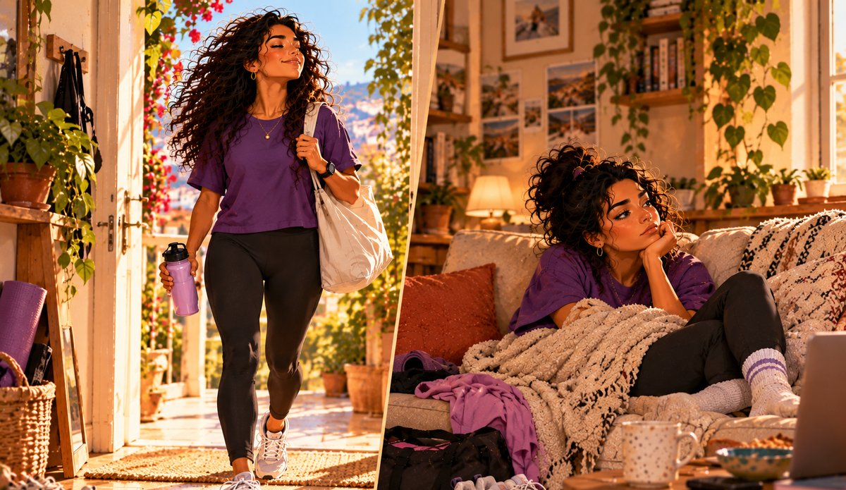 Deux scènes : une femme part motivée avec son sac de sport, puis la même femme reste sur le canapé, baskets au sol, sans envie de bouger